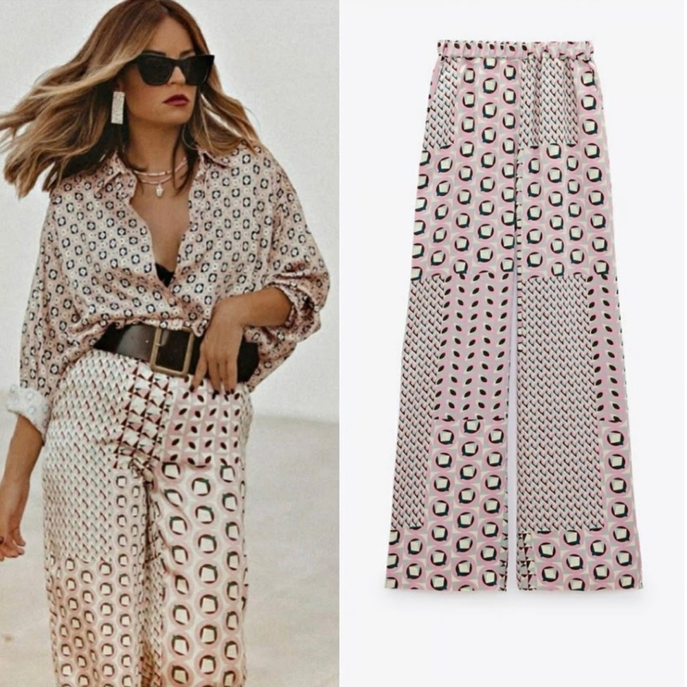Zara S Long Satin Geometric Print Wide Leg Pull-On Palazzo Pants Pockets Pink